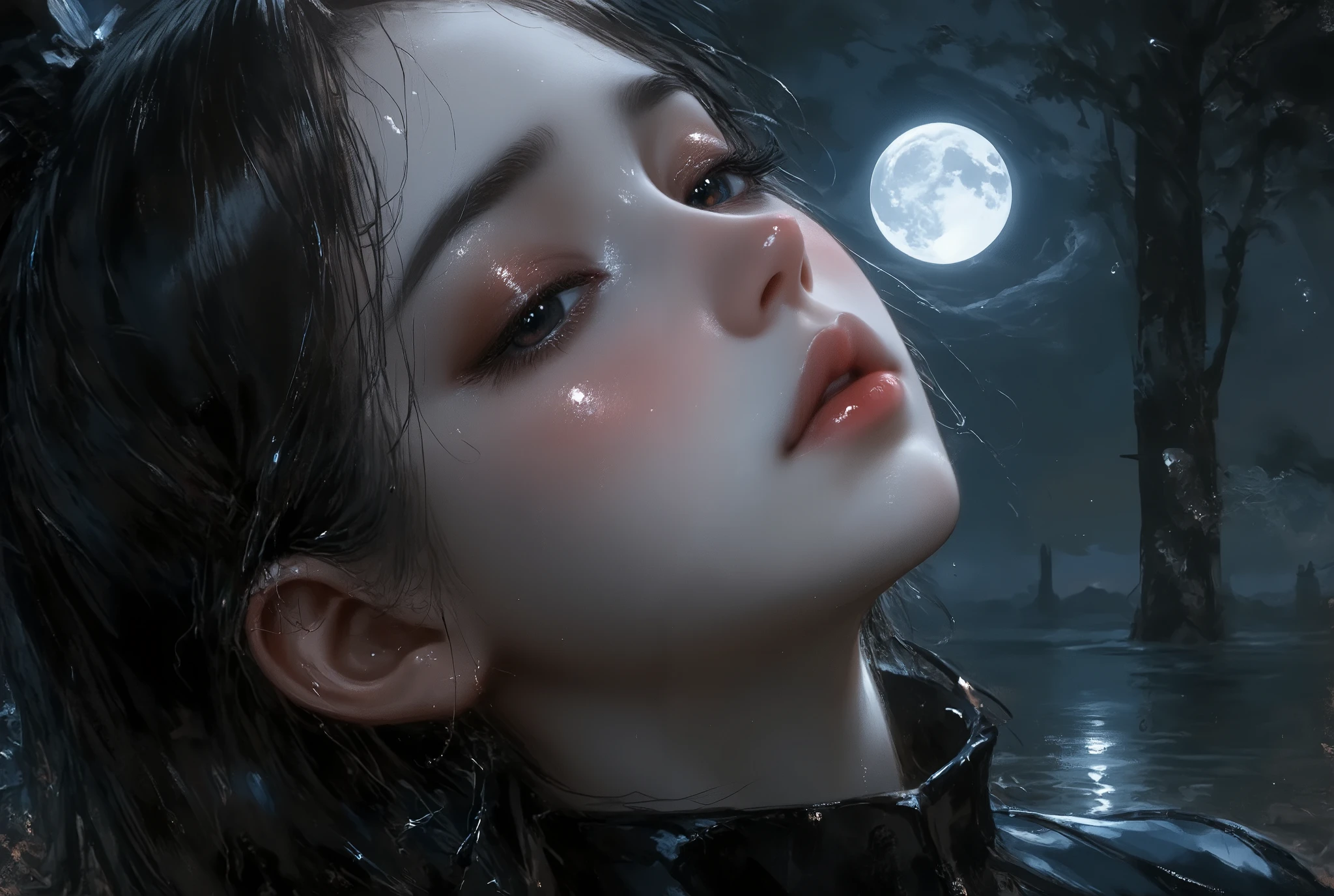 moon face, Sadness, oil painting, a detailed painting, ink artistic conception, real paint texture, hyper-realistic, depth of field, dramatic lighting, Realistic, highly detailed, masterpiece, 8k, Cinematic Composition, dark moody vibe, Dramatic Shadows, Intricate and elaborate pattern, 30 megapixel, chiaroscuro lighting, moody color palette, deep contrast, realistic anime style, A fusion of the styles of Katsuya Terada, Range Murata, Akiman and JUNNY