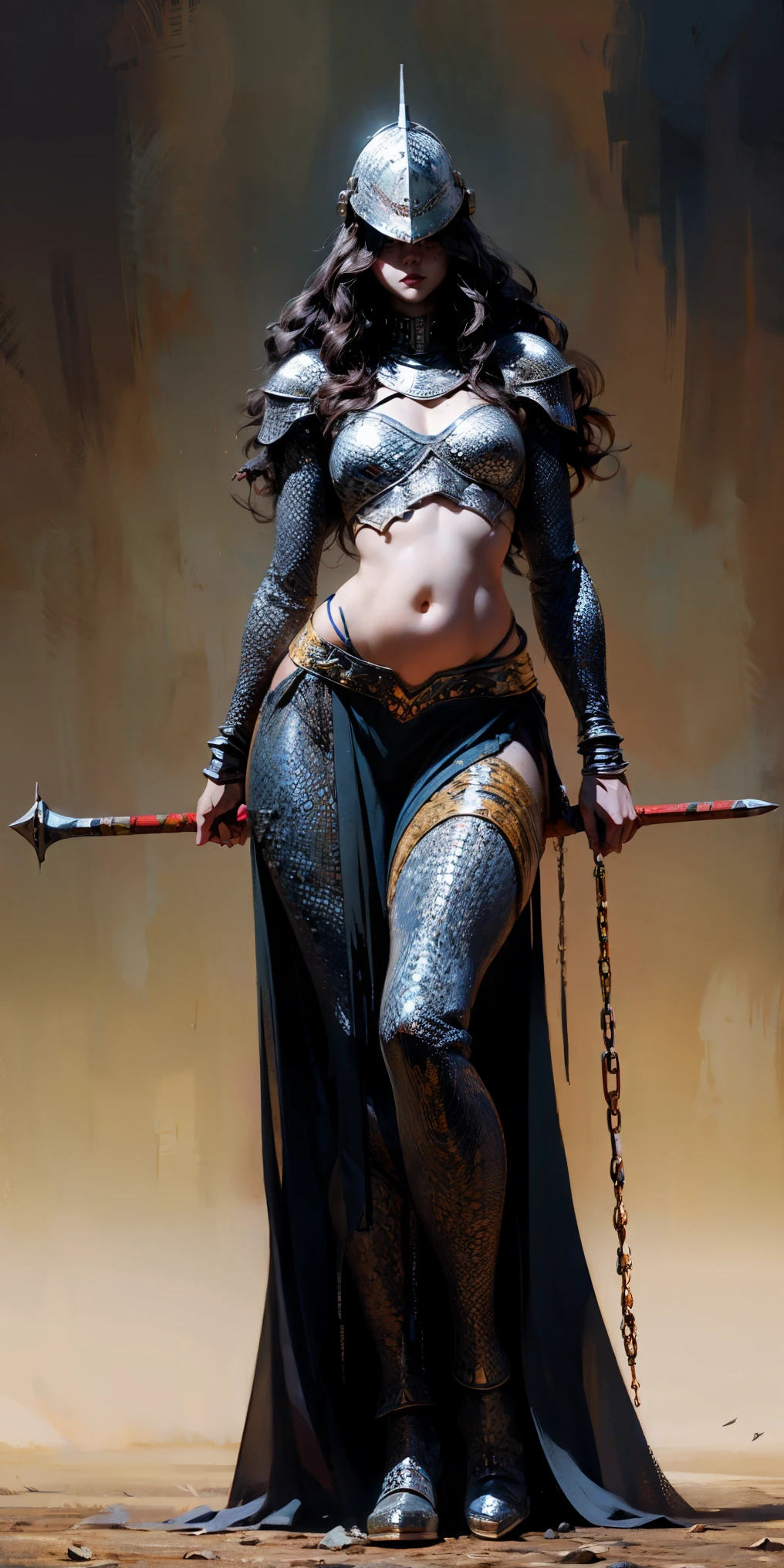 European woman, (((wide hips))), 8k, absurd res, ((wide eyes)), flawless face, 1girl, natural body, ((super wide hips)), full body image, solo, masterpiece, highly detailed, flawless eyes, expressive detailed eyes, pale skin, wide eyed, detailed pupils, realistic skin, some freckles, realistic skin texture, ((small chest)), super detailed skin, analog style, amazing painting, perfect image, 8k, (chin length hair), ((black wavy hair)), (broad hips), ((wearing chainmail and plate armor)), dark moody atmosphere, (full body image), (metal greaves on her feet), (gauntlets), (holding a metal club), ((zoom out, full body and face shot)). full body image, (wearing a helmet), ((no exposed skin)), ((fully covered)), ((armor covering her stomach))