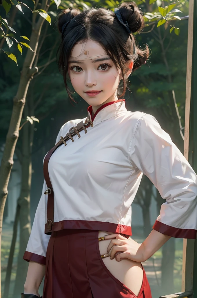 1girl, (8k, RAW photos, best quality, masterpiece: 1.2), (ultra highres: 1.0), detailed illustrations, (real people, fashion photography portraits, photos), detailed, detailed beautiful skin, (realistic, photo-realistic : 1.37), tentenNS, solo, professional lighting, red white chinese drees), village, East Asian architecture, trees, village hidden in the background of leaves, view_at_viewer, smile, black hair, brown eyes, no headband, beautiful and cute, kunai, fighting stance, fencing, ninja, control gloves, very big breasts