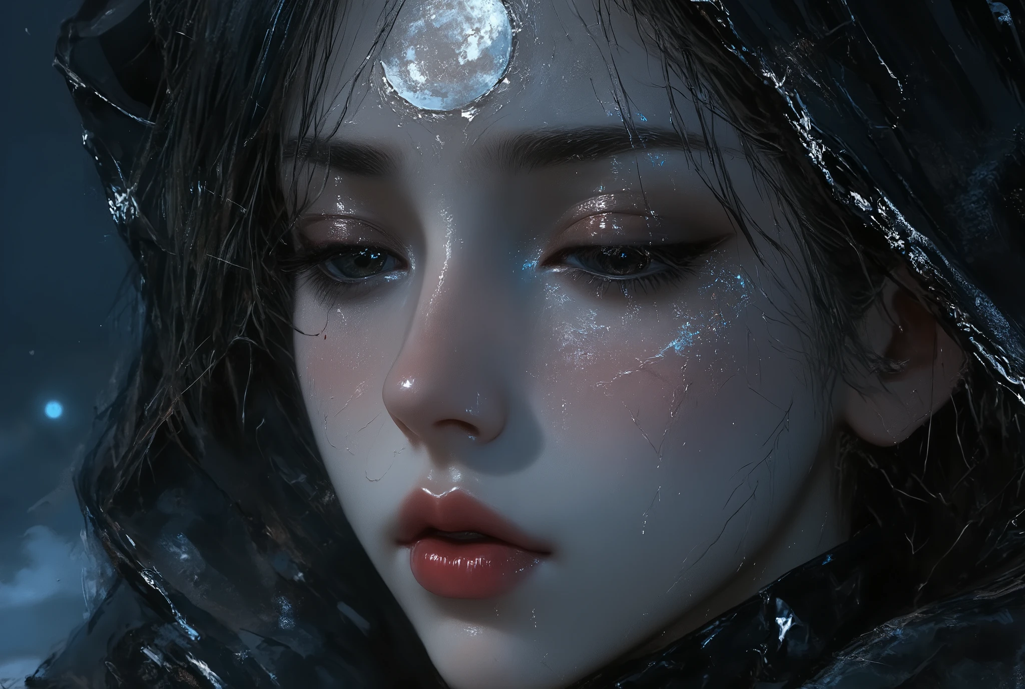 moon face, Sadness, oil painting, a detailed painting, ink artistic conception, real paint texture, hyper-realistic, depth of field, dramatic lighting, Realistic, highly detailed, masterpiece, 8k, Cinematic Composition, dark moody vibe, Dramatic Shadows, Intricate and elaborate pattern, 30 megapixel, chiaroscuro lighting, moody color palette, deep contrast, realistic anime style, A fusion of the styles of Katsuya Terada, Range Murata, Akiman and JUNNY
