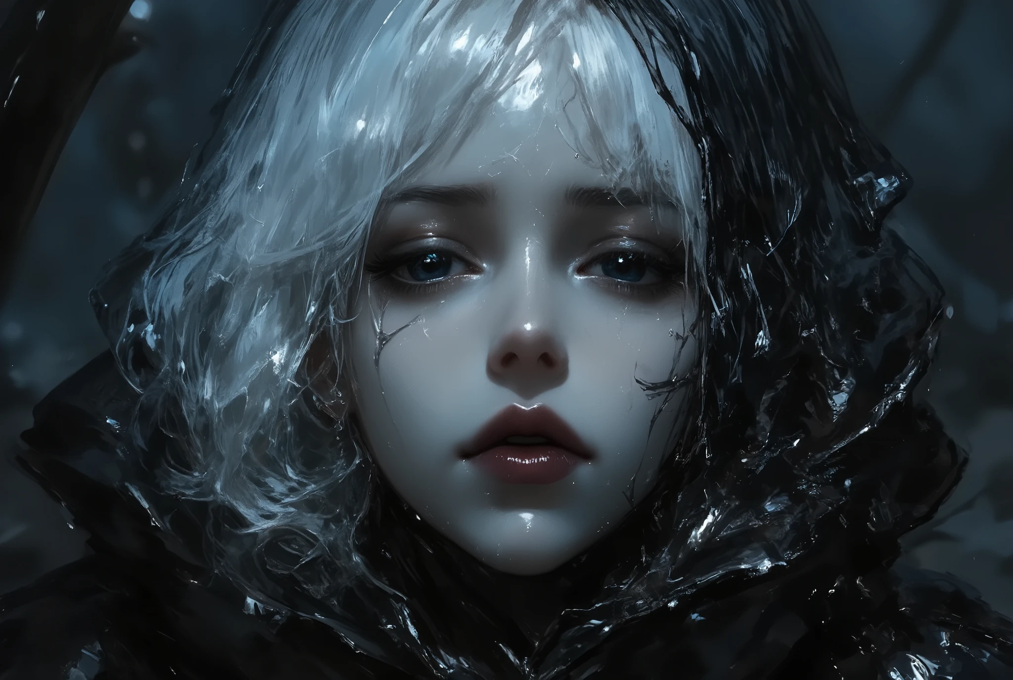 moon face, Sadness, oil painting, a detailed painting, ink artistic conception, real paint texture, hyper-realistic, depth of field, dramatic lighting, Realistic, highly detailed, masterpiece, 8k, Cinematic Composition, dark moody vibe, Dramatic Shadows, Intricate and elaborate pattern, 30 megapixel, chiaroscuro lighting, moody color palette, deep contrast, realistic anime style, A fusion of the styles of Katsuya Terada, Range Murata, Akiman and JUNNY