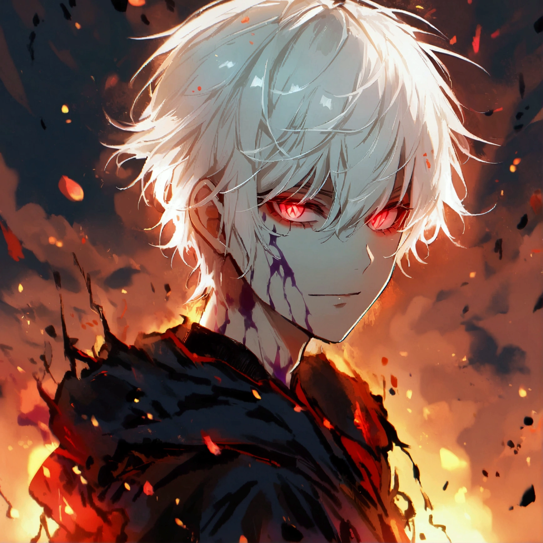 Highest quality, Ultra high definition, Very fine grain, Detailed face, Male face, boy, Short white hair, ((red glowing eyes:1.4)), (Bleeding), Gothic static background with blood spreading, He is wearing a blood-stained white jacket., his smile is creepy, dark, dark--Niji:5--Gothic Film Lighting--Paramount and Witt Studios