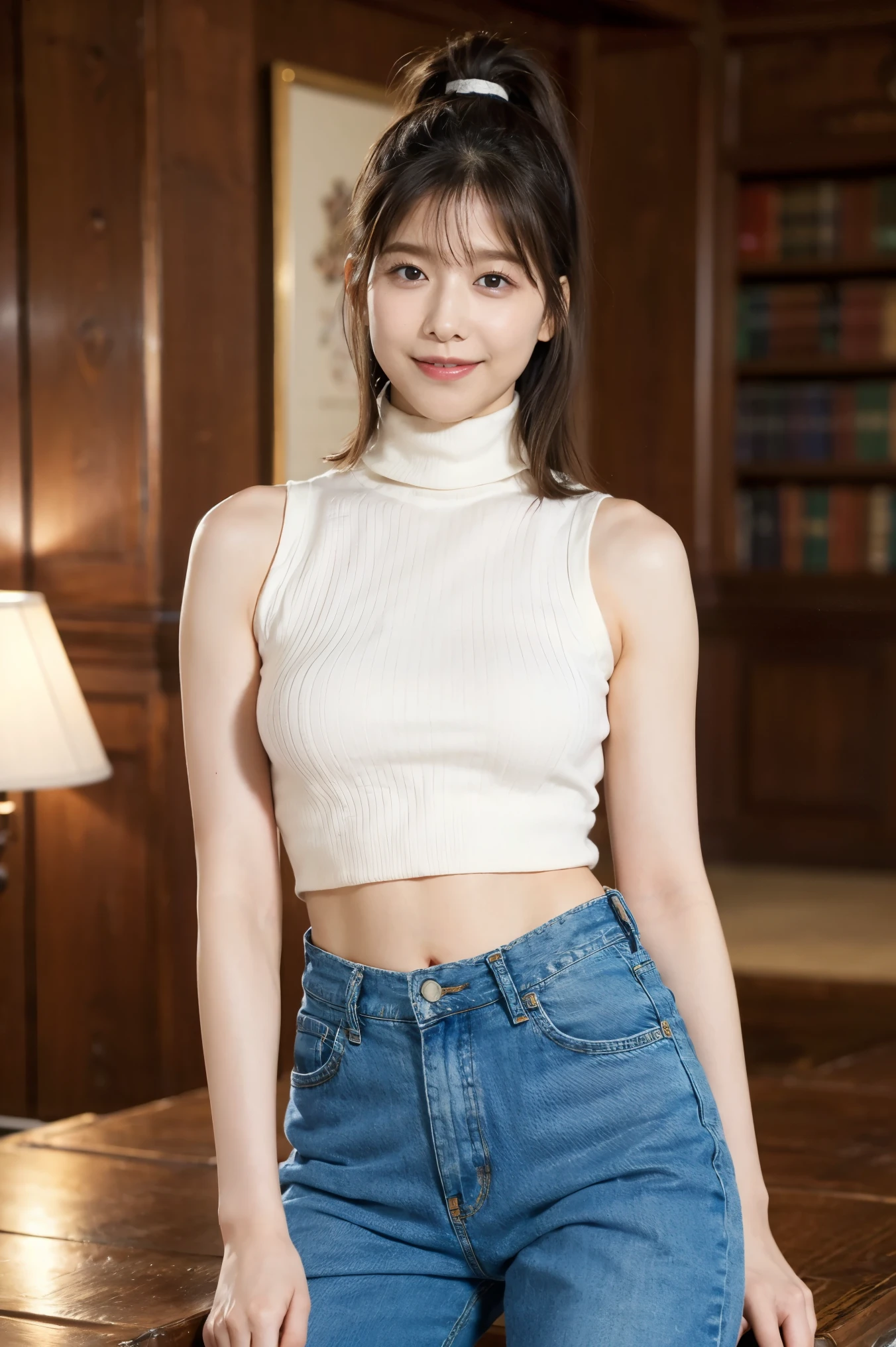 最 High Quality 、8k,masterpiece、、超 high definition 、( Photorealistic:1.4)、Original photo、 1 girl、shiny brown medium hair ,   beautiful茶色の瞳、  Sparkling Eyes  , fine grain、smile、超 detailed eyes on board、 very detailed face,  detailed eyes on board, COWBOY SHOOTING 、 最 High Quality 、 high definition ,   Masterpiece  ,  High Quality , 最 High Quality , beautiful,  Complete,  very cute , Alone, (( sleeveless fitted turtleneck rib knit crop top、belly button))((denim pants)), ,  (( middle of chest)), , smile,  viewers, , library, 
