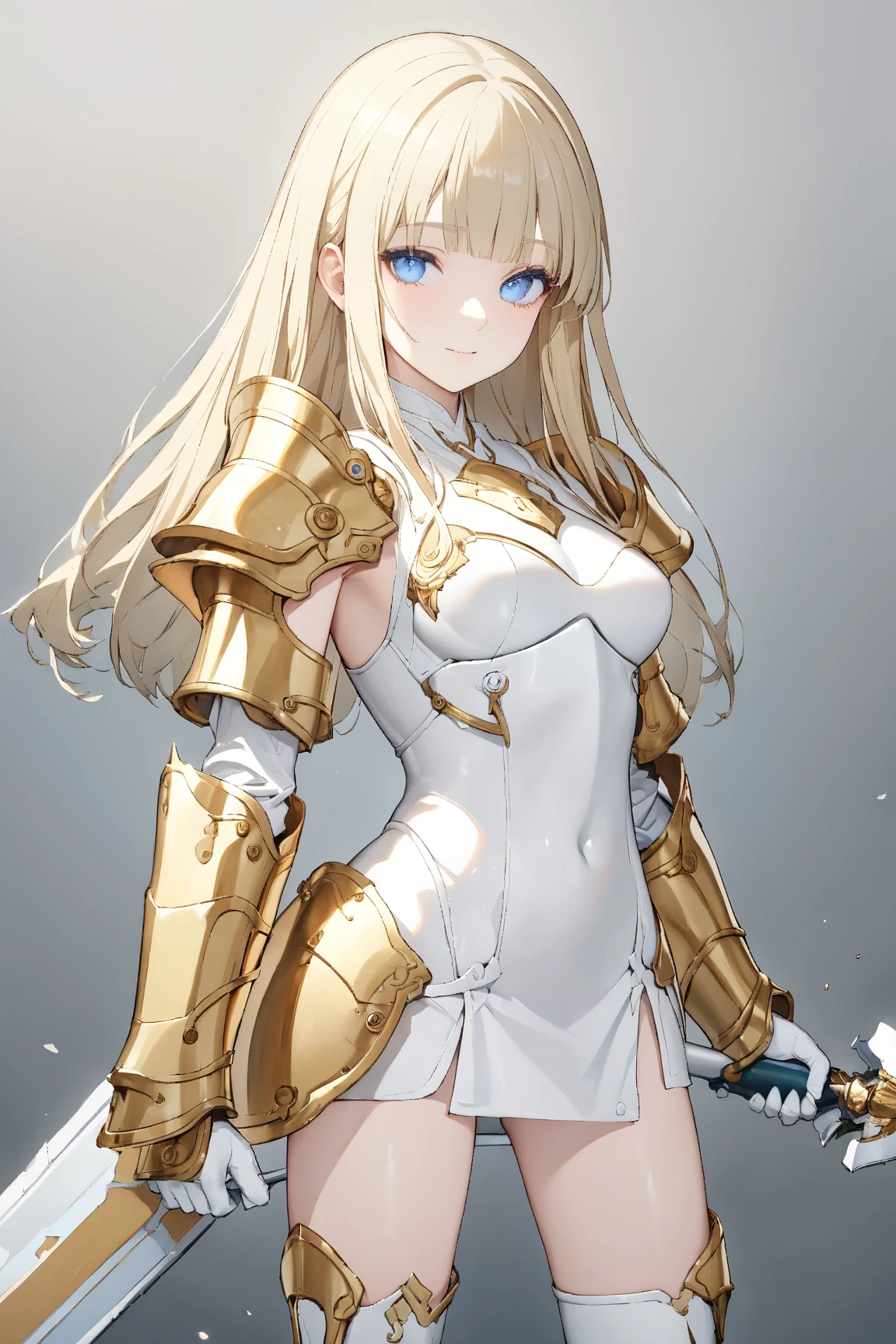 (gray background:1.3), No wind, character sprite, Break, 
1 girl, (elegant face), cute, Confident Look, light smile, 20 years old, 170 cm tall,, Standing, feet out of frame, blonde hair, hime cut, blue eyes, (medium breasts:1.2), slim, white elegant mini dress, Battle Armor, tight breastplate, thigh boots, Great Sword,,(porcelain skin), Break, 
(gray background:1.3), No wind, high fantasy, game cg, absurdres,  highres icon, ultra detailed, beautiful, masterpiece, best quality,