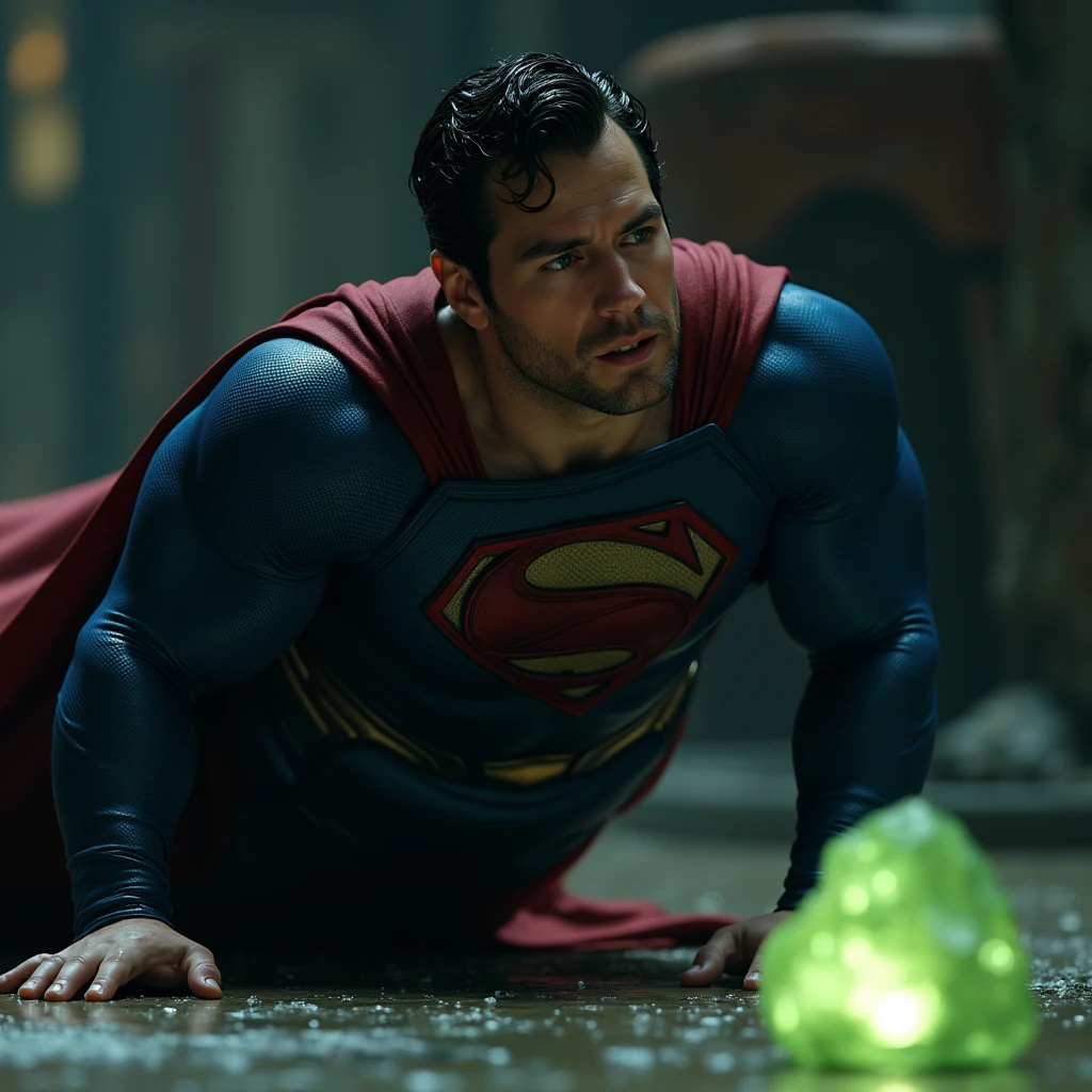 A muscular attractive h3nr4, Henry Cavil with Short stubble, strong physique, muscular thighs, wetclothes, dressed in tight blue Superman suit, is captured lying on the floor. pained expression, his eyes are closed, suggesting he is unconscious or incapacitated. Near him is a small glowing green crystal, probably kryptonite, that emits a bright light.