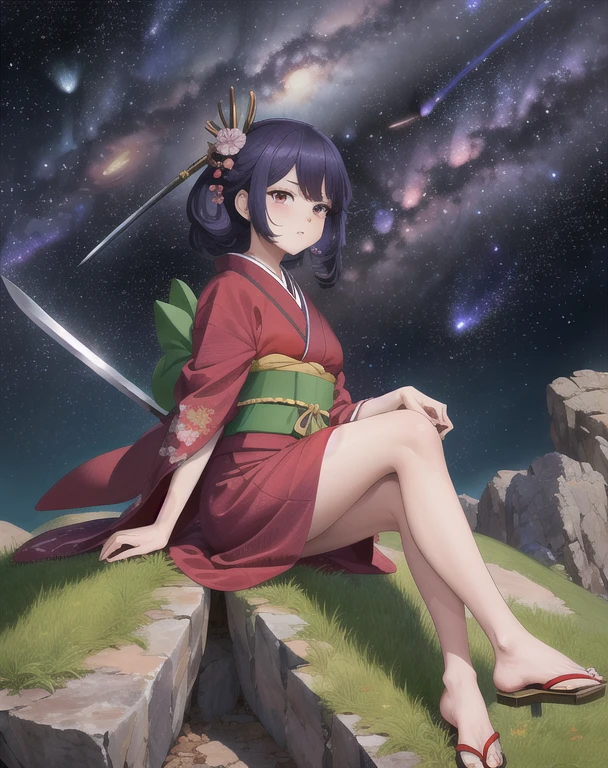 Picture of a woman wearing a kimono sitting on a rock ,  Line art inspired by Ryujiangzai,  pixiv contest winner , Ukiyo-e, She has a sword,  beautiful line art  , Maid, Traditional Style , Line art behance hd, She has a sword、The Milky Way galaxy is beautiful in the background、