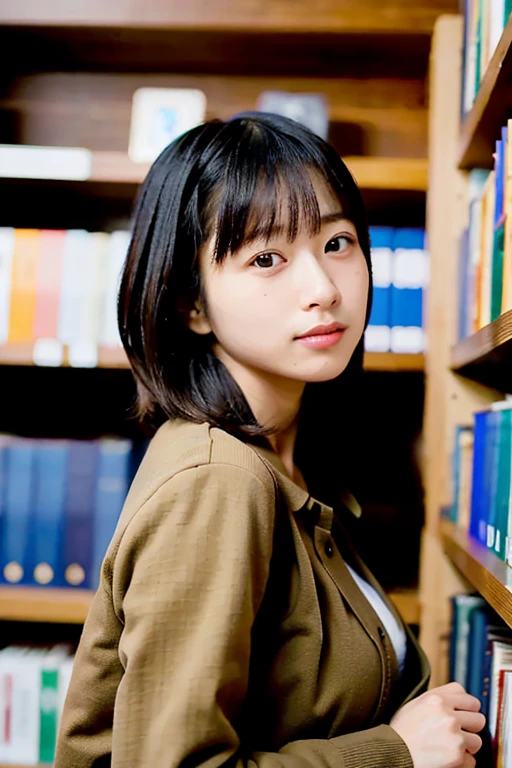 (masterpiece, best quality, perfect anatomy,  highres icon, 8k, realistic, photorealistic, natural skin texture, no makeup:1.2),  cowboy shot of a Japanese girl looking for books in the fall library, (Looking at the camera while putting her hands on the books on the bookshelf :1.2), Her age is 20,  Very Cute , ( very big breasts and perfect style ),  wearing earthy autumn clothes ,  flared miniskirt, looking at viewer, side shot, darkness, back lighting, erogao , jp idol, tanukigao, long shot