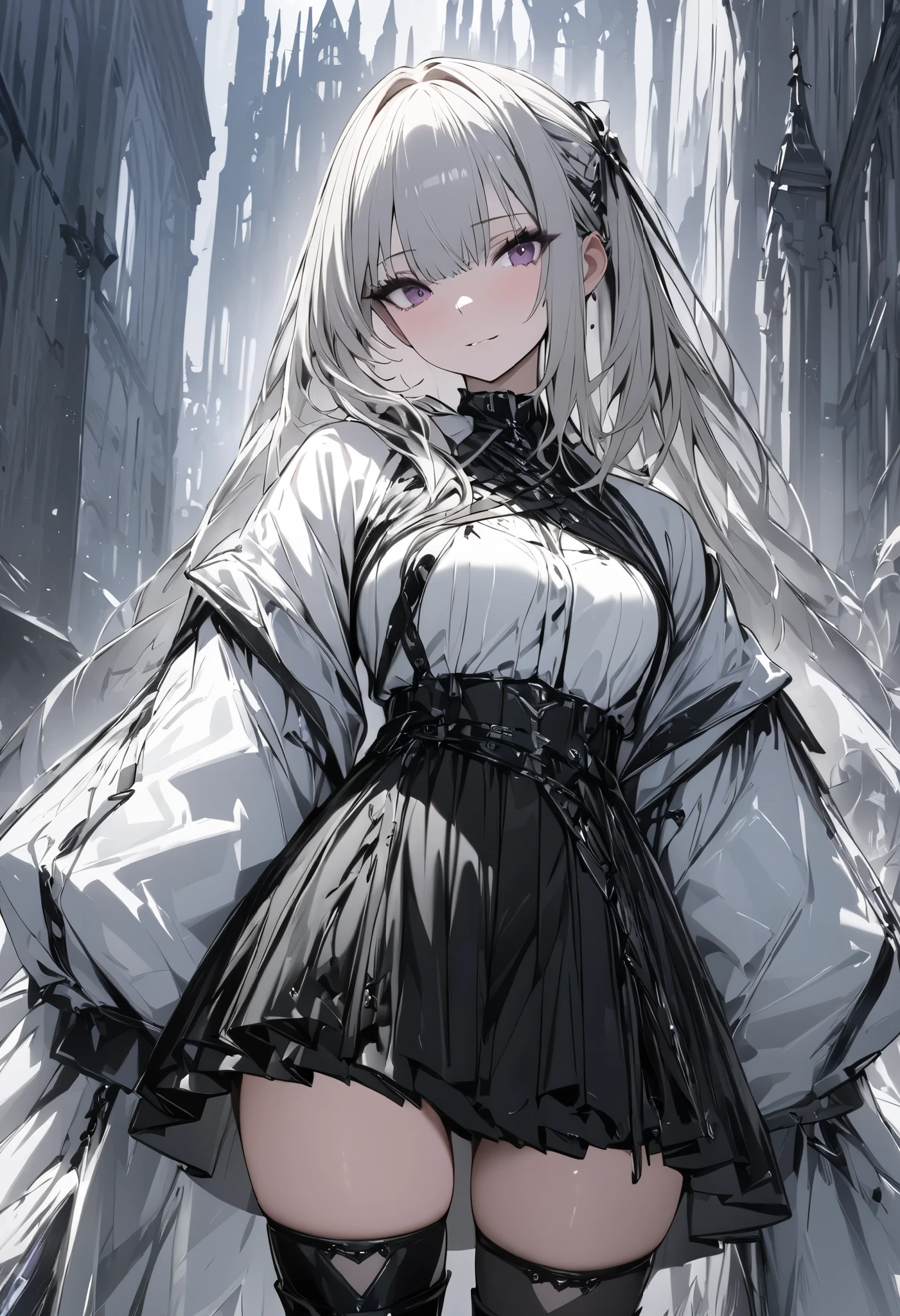 (masterpiece, best quality :1.2,UHD,High Resolution)、 1 girl , Alone,Gothic clothes that reveal a lot of skin、 White jacket 、 black miniskirt、 knee-high、 boots