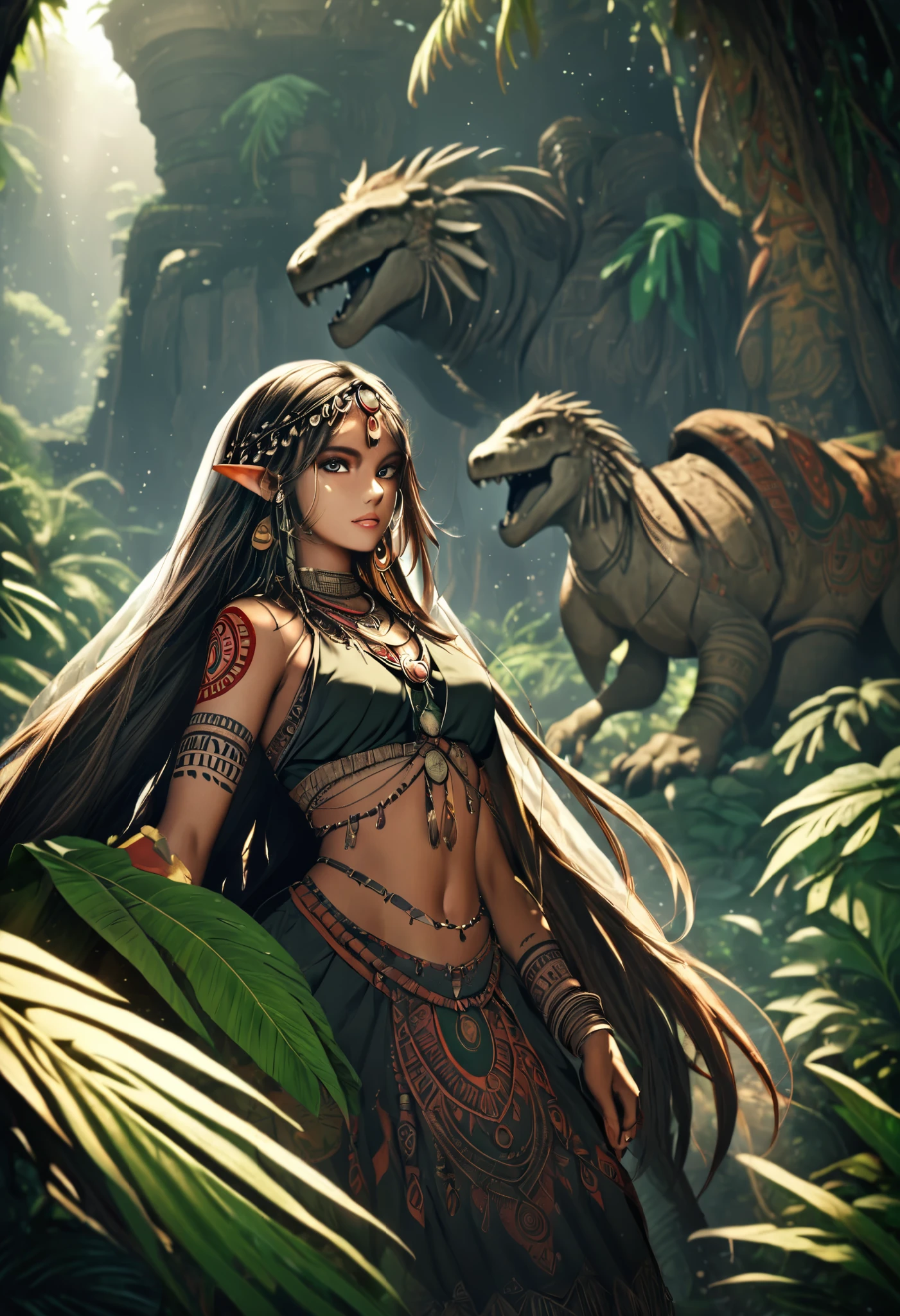 a female elf, detailed face, beautiful eyes, long eyelashes, full lips, tribal jewelry, tribal tattoos, dinosaurs, prehistoric scene, lush jungle environment, ancient ruins, dramatic lighting, vibrant colors, cinematic composition, 8k, high resolution, hyper detailed, Dynamic pose 