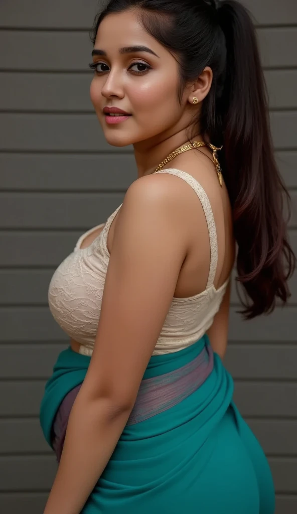 front view, extreme long shot photo of sexy indian, look at viewer and subtle smile, curvy athletic figure, open arms, sexy armpits, sweating, doing push ups in fog, ponytail, necklace, white see through lace bra, blue and green  saree, glossy lips, (cinematic:1.3), intricate details, (ArtStation:1.2), sleeping on bed, back view,ponytail hair sPonytail, Ponytail, Ponytail, Ponytail, Ponytail, Ponytail, Ponytail, 