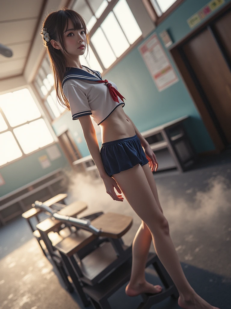 (Abandoned classroom scene 1:2),(Dirty environment 1:2),Sexy standing pose,(Full body portrait 1:2),18 years old korean beauty,(Straight and slender long legs 1:1),Random white transparent small bikini,Skinny,As thin as a whipping post,Smaller bust,(((Nudity all over))),(Reveal intact breasts)((Wearing a naked))exhibitionists,Random exposure of genitals