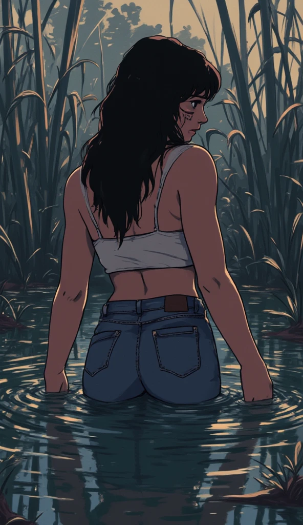 vector illustration, pale woman in denim jeans jeans and top, turns back, victim setting, stuck deep in sludge, artistic Poses, losing control , reeds , traditional indigenous makeup.  close-up