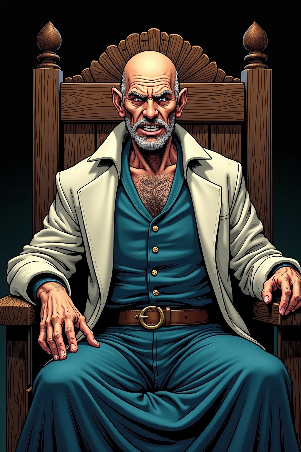 Middle-aged man,White Beard,Grizzle hair,Long Hair,Dad，Big muscles,Slightly thicker，anger，Dressed in a gorgeous white suit, In a cage, slave, Sit on a chair, Chained, Large Breasts, Big penis,White Semen, good looking, Facial blemishes, Squeeze the face, Red eyes, Two hands, Tattoo on the forehead, many chains, Chained on neck