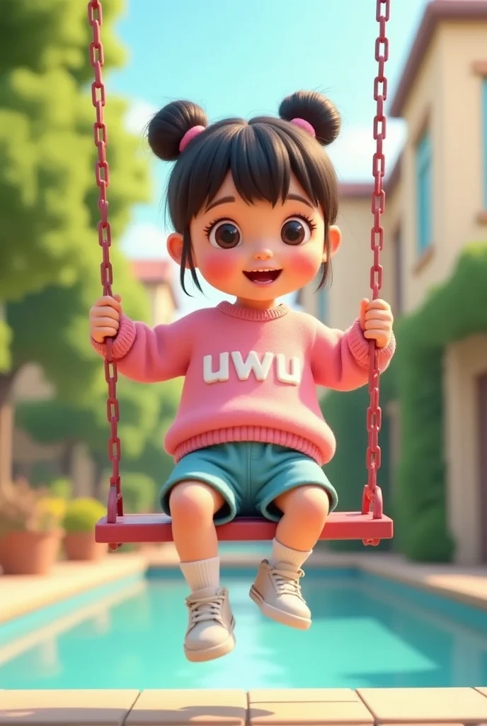 A cute and adorable , wearing a pink sweater with named 'uwu' written on, blue shorts, short socks and white sneakers, was playing on a brightly colored swing happily. The setting is in a park that is busy with other ren playing. The style is 3D Pixar animation with a soft and friendly pastel color palette