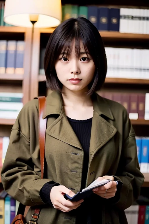 (masterpiece, best quality, perfect anatomy,  highres icon, 8k, realistic, photorealistic, natural skin texture, no makeup:1.2),  cowboy shot of a Japanese girl looking for books in the fall library, (Looking at the camera while putting her hands on the books on the bookshelf :1.2), Her age is 20,  Very Cute , ( very big breasts and perfect style ),  wearing earthy autumn clothes ,  flared miniskirt, looking at viewer, side shot, darkness, back lighting, erogao , jp idol, tanukigao, (long shot:1.5)