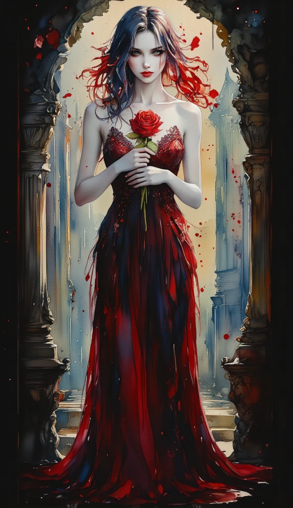 watercolor full length portait on black paper. In the midst of a fantasy realm, a (mysterious (female (vampire))), opal red eyes, holding a red rose. lacy gothic aesthetic. contemplative.  red and white.