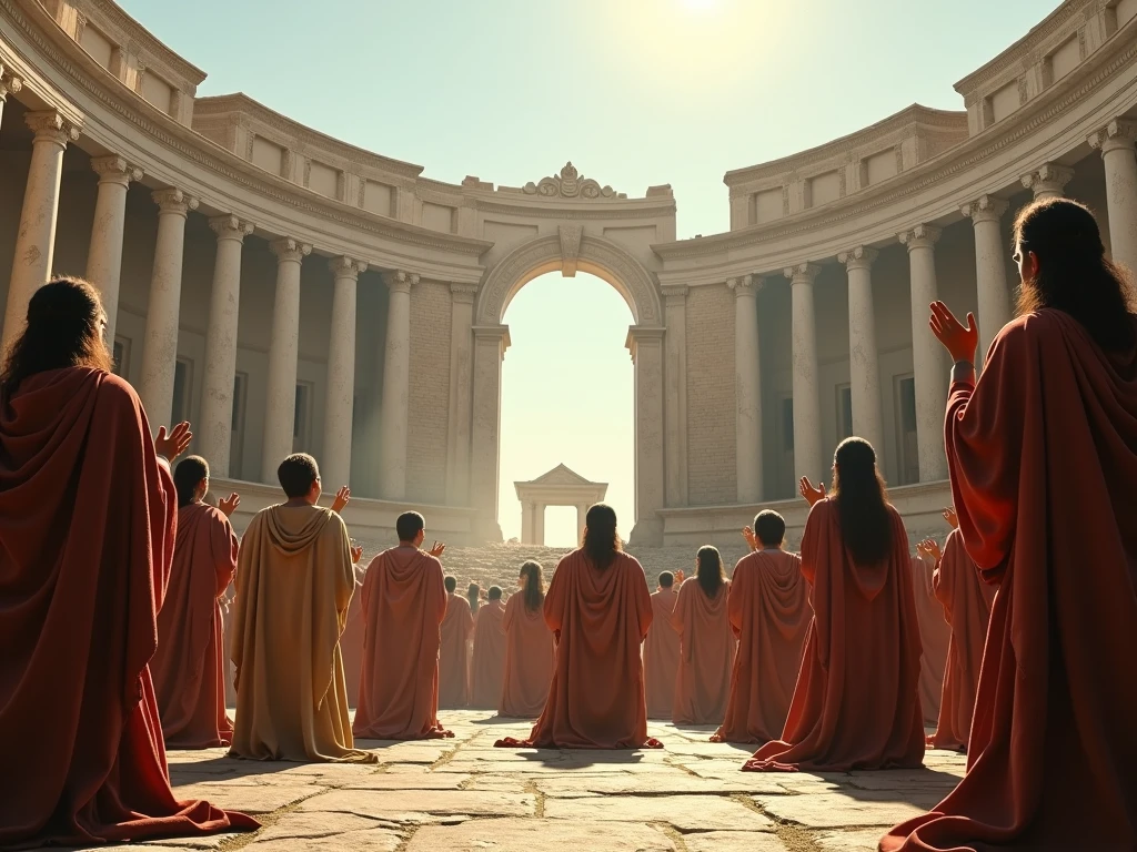 Please draw a realistic picture of the grand Roman Agora square, and put the words World Agora in the middle in large letters, and put a scene of citizens debating instead of a market.