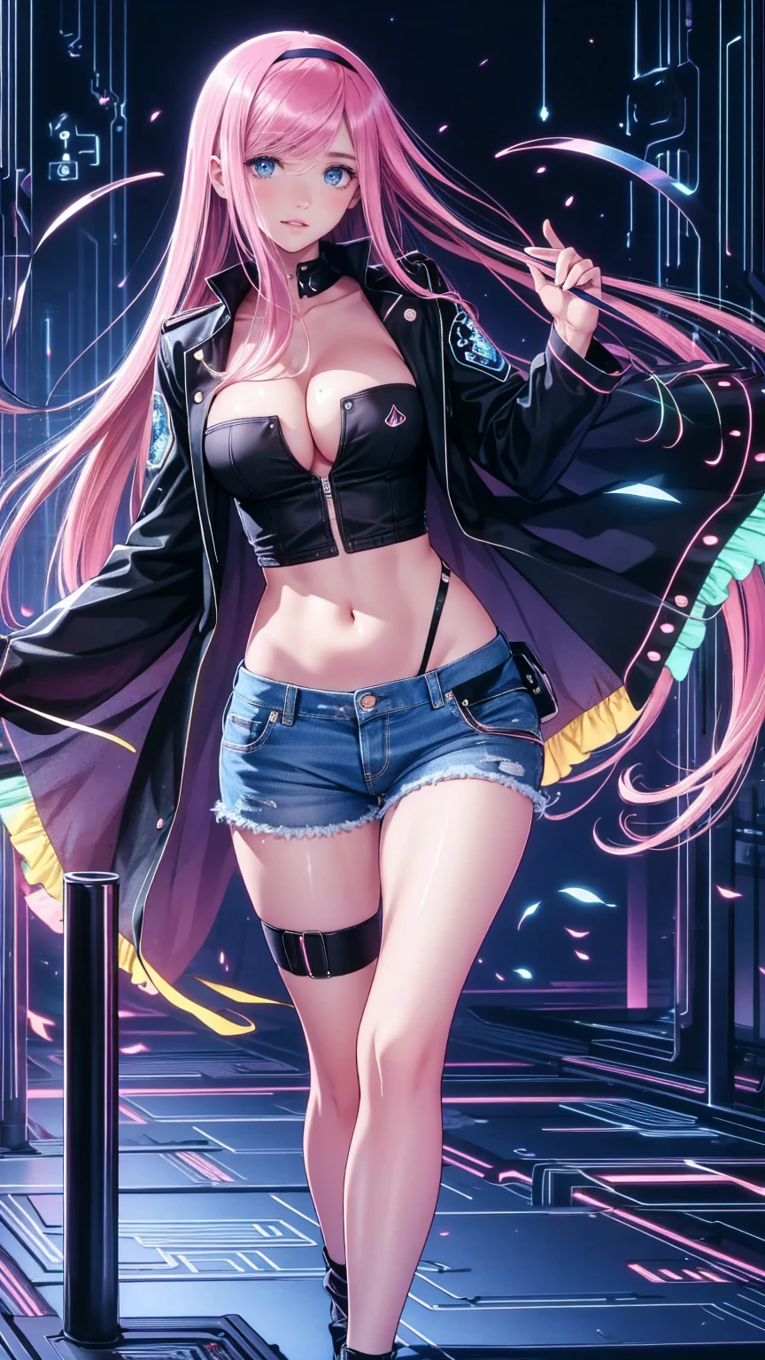 4k,CG Digital rendering,wallpaper,illustration,absurdres,Ultra HD,incredibly absurdres,masterpiece,amazing,finely detail,original,beautiful-detailed eyes,tyndall effect,dynamic angle,cyberpunk city,night,

(1girl:1.5),(solo),((streetwear)),toon,medium breasts,nsfw,shorts,((Sexual suggestion)),(standing),leaning forward,earrings,cat_ears,ribbon choker,(cleavage),((colorful streaked hair)),((( gradient hair))),

neon light,, ((painting, canvas, fine art)), detailedHDR, portrait, 50mm, F/2.8, 1m away，