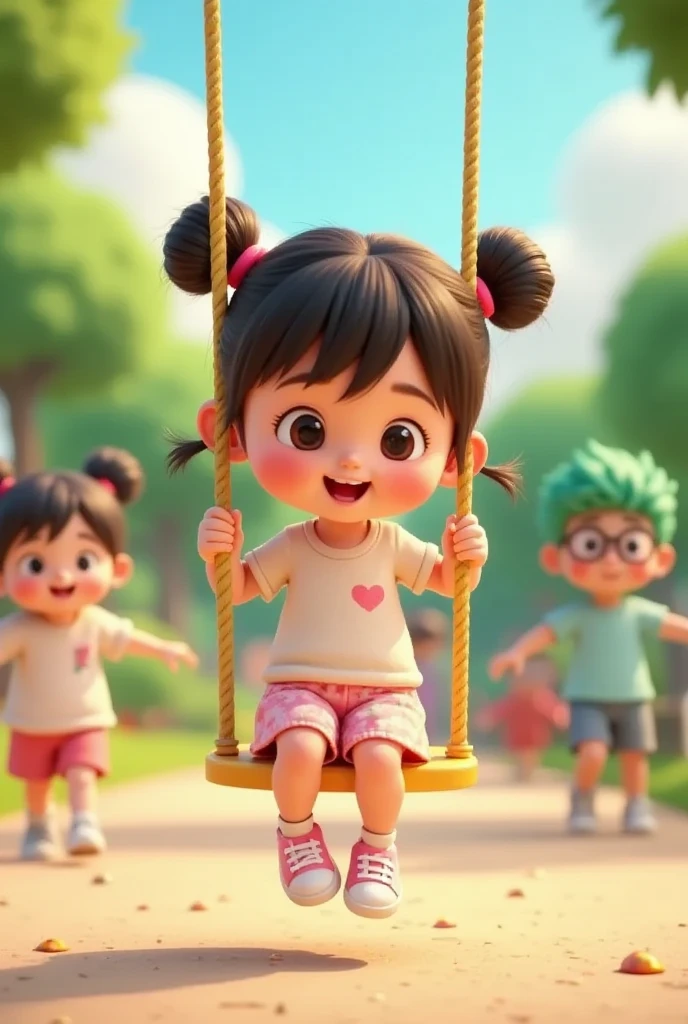 A cute and adorable , long hair with bangs, rosy cheeks, wearing a white t-shirt with a pastel skirt and pink sneakers, was playing on a brightly colored swing happily. The setting is in a park that is busy with other ren playing. The style is 3D Pixar animation with a soft and friendly pastel color palette