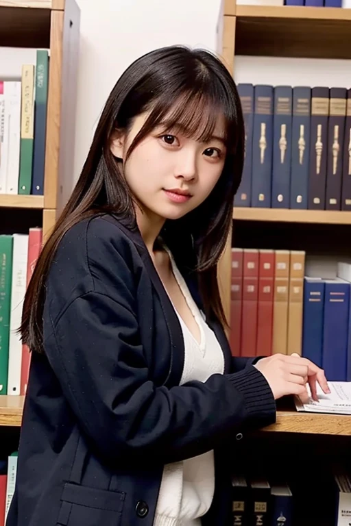 (masterpiece, best quality, perfect anatomy,  highres icon, 8k, realistic, photorealistic, natural skin texture, no makeup:1.2),  cowboy shot of a Japanese girl looking for books in the fall library, (Looking at the camera while putting her hands on the books on the bookshelf :1.5), Her age is 20, ( Very Cute ), ( very big breasts and perfect style ),  wearing earthy autumn clothes ,  flared miniskirt, looking at viewer, side shot, darkness, back lighting, erogao , jp idol, tanukigao, (long shot:1.5)