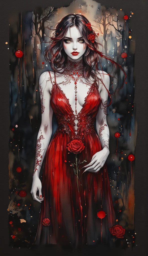 watercolor full length portait on black paper. In the midst of a fantasy realm, a (mysterious (female (vampire))), opal red eyes, holding a red rose. lacy gothic aesthetic. contemplative.  red and white.