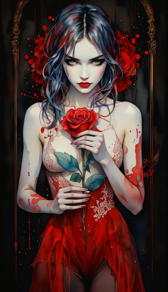 watercolor full length portait on black paper. In the midst of a fantasy realm, a (mysterious (female (vampire))), opal red eyes, holding a red rose. lacy gothic aesthetic. contemplative.  red and white.