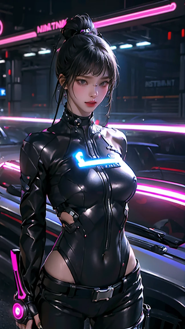 ((16K)),((masterpiece:1.3)), ((Highest quality)), ((Ultra-high resolution)), (Very detailed), (Realistic, photoRealistic:1.4), Perfect lighting,((Side light)), Written boundary depth, Surrealism,photo shoot, No makeup, Film Grain, chromatic aberration, Sharp focus, Face Light,((Beautiful detailsまでこだわった髪)),((Beautiful eyelashes)), Beautifully detailed face, Beautiful details, Beautiful clavicle, Beautiful body, Thin legs,Beautiful breasts, Beautiful legs, ((Detailed and carefully drawn hand)), Cleavage, Perfect Anatomy, Supermodel with a long neck,((Skinny1.3)),23 years old,Looking into the camera,(Perfect Anatomy,Anatomically correct, Very detailed肌), Glowing Skin,((pale skin)),((beautiful girl:1.1)),(( Large Breasts:1.4)),shiny hair,((Two Side Up Hairstyle)),((Mid-length hair:1.4, Wavy Hair:1.2, Black Hair) ,((See-through bangs:1.2)),Dainty facial structure,((Captivating smile:1.4)),((Spread legs:1.3)),((Wind lift)),((wind effect)),white panties, ((shirt lift:1.2)),((from below)),((wearing Cyberpunk Gunfighter)), ((Futuristic Cyberpunk Outfit)), ((Don a futuristic ensemble with cyberpunk-inspired clothing,incorporating sleek lines and high-tech details)), Gloves with Built-in Tech, ((Enhance the look with gloves that feature built-in tech elements)), adding a sci-fi touch, Holographic Gun Holster,(( Carry a holographic gun holster for an avant-garde and visually striking appearance in a Hollywood-worthy action scene:1.2)),background((Background of a colorful cyberpunk Tokyo street at night. The scene features futuristic skyscrapers illuminated by neon lights and holographic advertisements. ((Flying vehicles zip through the sky)), while robot in cyberpunk fashion walk the streets below, The walls of the buildings are adorned with giant digital screens displaying vibrant ads and animations. The ground is embedded with colorful LED lights, creating an ethereal and otherworldly atmosphere throughout the city)),