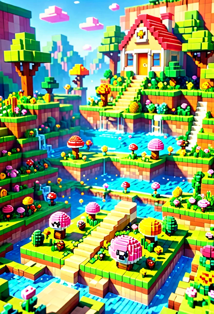 A vibrant 3D platformer scene in a voxel art style inspired by Mario Wii, shown from a third-person gameplay perspective. The camera follows the main character, as it leaps across floating voxel platforms with lush grass. The level includes coin blocks, bouncing mushrooms, and spinning platforms. Mischievous voxel enemies patrol various platforms, adding challenges. The sunny background features fluffy clouds and distant voxel hills, creating a dynamic and colorful world