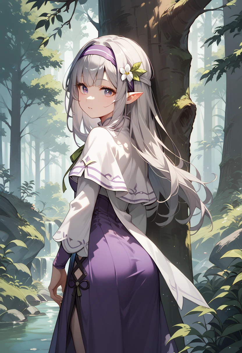  1 girl , forest, behind the tree ,  purple eyes,  headband,  long hair, Grey Hair, pointy ears,  short bang,  white capelet, Purple Dress, Green ribbon,  Long Sleeve ,