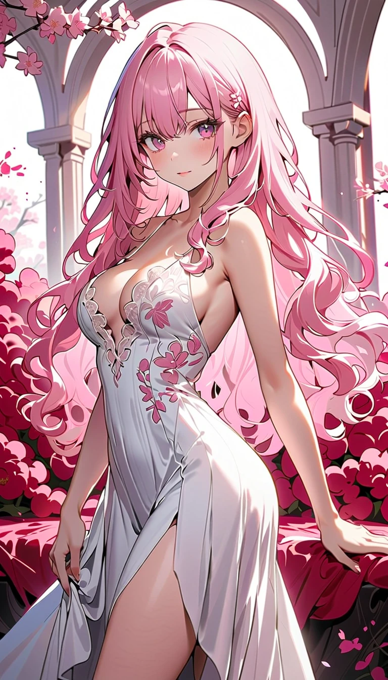 A princess, wavy long pink hair, red eyes, soft makeup, white and pink dress, big breasts, in a white estate, earring and necklace, red eye color