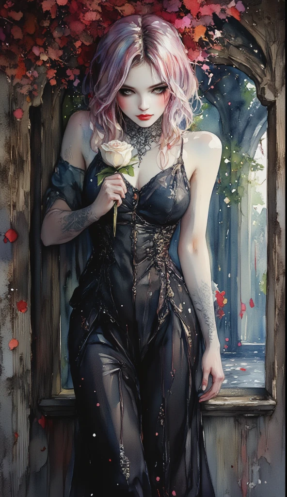 watercolor full length portait on black paper. In the midst of a fantasy realm, a (mysterious (female (vampire))), opal red eyes, holding a white rose. lacy gothic aesthetic. contemplative.  only white.