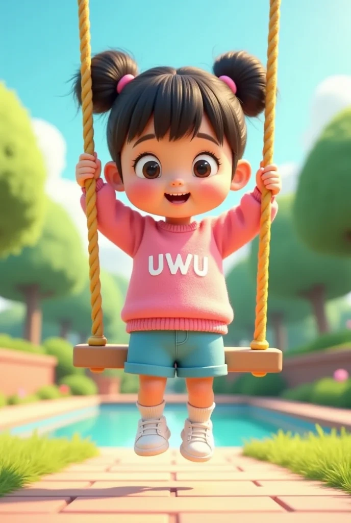 A adorable , wearing a pink sweater with named 'uwu', blue shorts pants, shorts socks and white sneakers, was playing on a brightly colored swing happily. The setting is in a park that is busy with other ren playing. The style is 3D Pixar animation with a soft and friendly pastel color palette