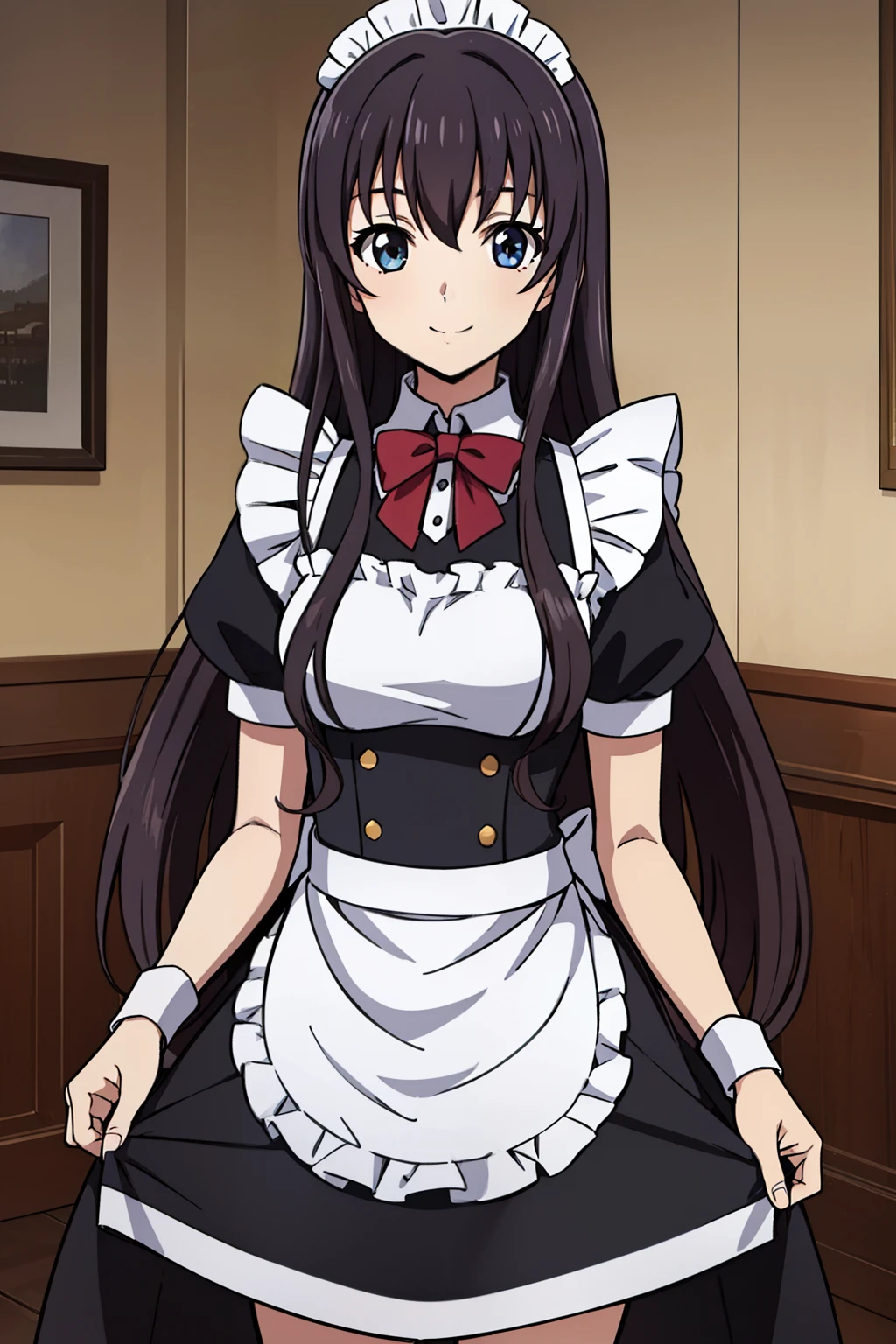 1 girl, cute, black hair, long hair, 髪band, (skirt hold), (smile), (Gothic coffee shop), ((maid)), (anime cels style, Masterpiece, best quality, high resolution, anime colored, megami magazine:1.2, anime poster style, anime keyvisual, sharp, 8k, photorealistic), beautiful eyes