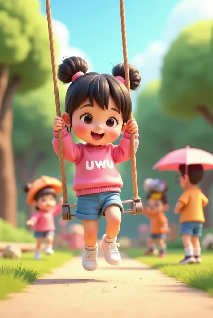 A adorable , wearing a pink sweater with named 'uwu', blue shorts pants, shorts socks and white sneakers, was playing on a brightly colored swing happily. The setting is in a park that is busy with other ren playing. The style is 3D Pixar animation with a soft and friendly pastel color palette