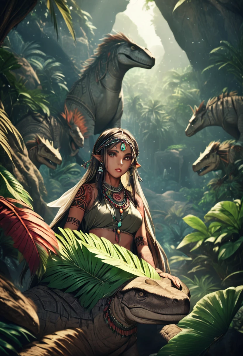 a female elf, detailed face, beautiful eyes, long eyelashes, full lips, tribal jewelry, tribal tattoos, dinosaurs, prehistoric scene, lush jungle environment, ancient ruins, dramatic lighting, vibrant colors, cinematic composition, 8k, high resolution, hyper detailed, Dynamic pose 