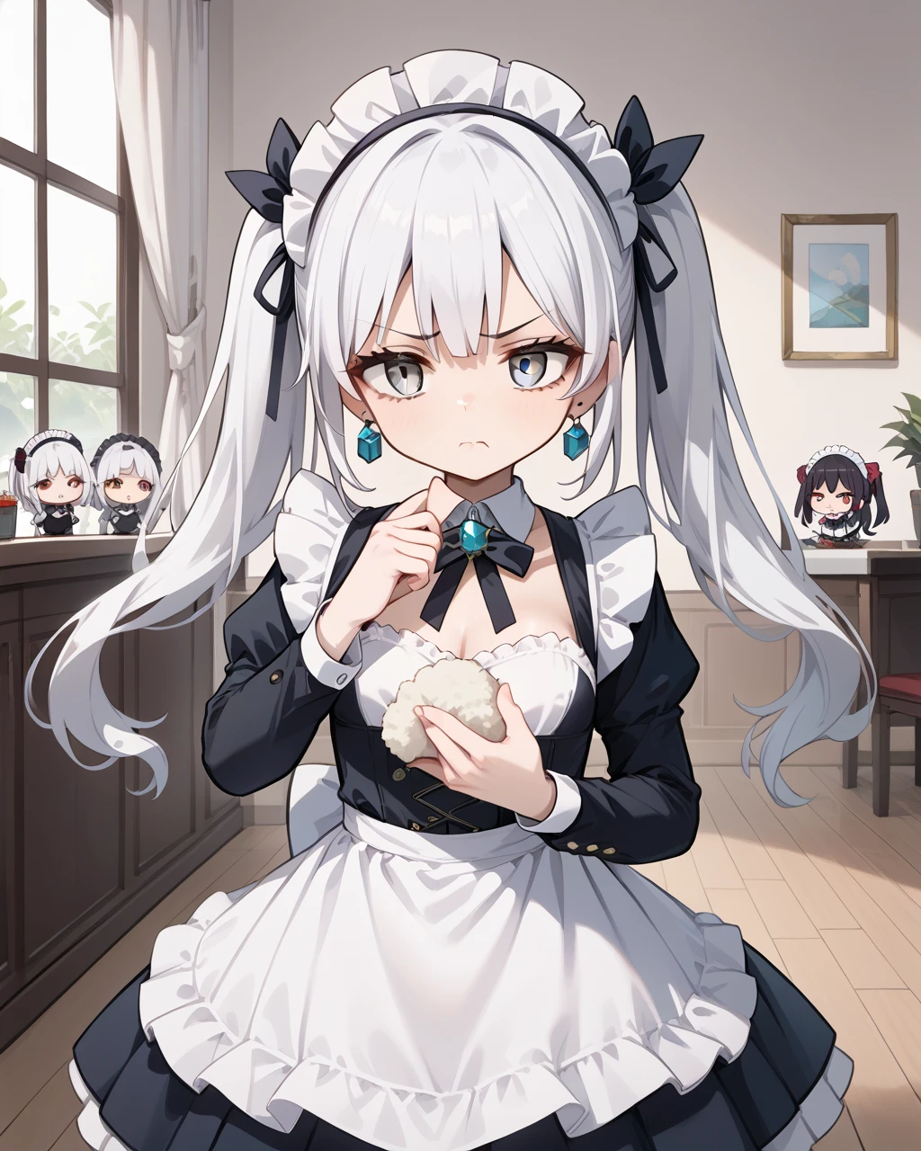   Masterpiece  , top quality,Maid,Maid_ Headdress, viewers,Disgust,Shadowy Face,Chibi, cleaning ,
spring, 1 girl ,gem, earrings for a woman alone,Alone,bangs, hair ornament , white hair, twin tails,   Grey Eyes ,