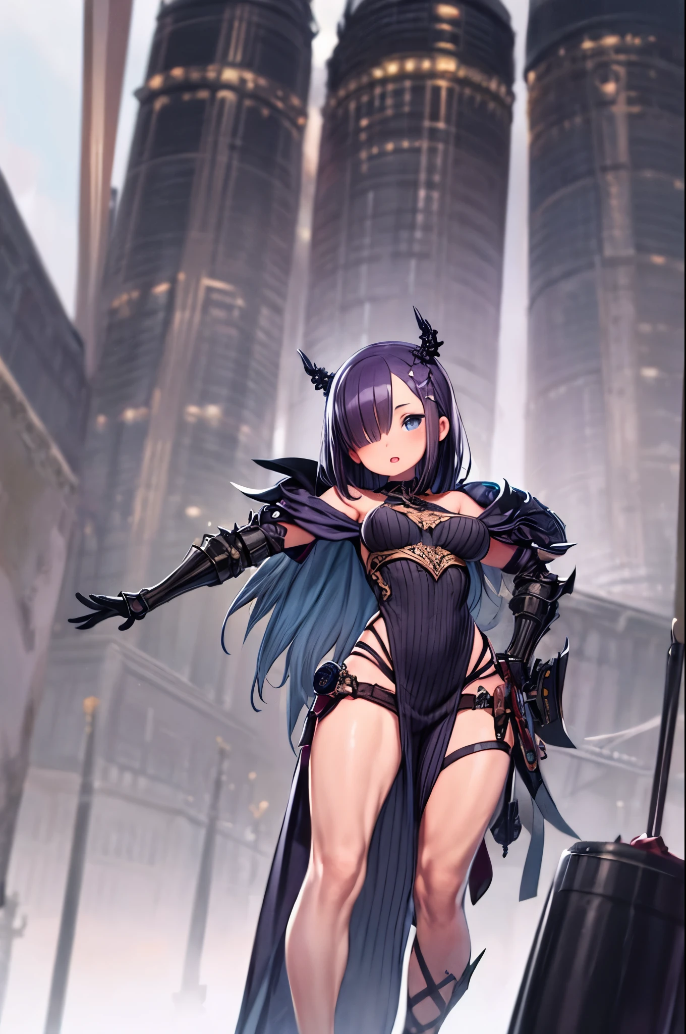fantasy, 1angel_girl, loli,bck_color_hair, medium_bob_hair, long_bangs, halo,bare_shoulder,thighhighs,(shiny_silver_armor:1.1), waist_armor, large_breasts,angry,smile,open_mouth1pair_wings, dynamic_ pose_fighting,floating, bare_crotch, covered_nipples, covered_pussy,headgear,gauntlet, greaves, pelvic_curtain, city_sky_background,slightly_spread_legs, solo, groin_naked,(masterpiece, best quality, best quality, official art, beautiful and aesthetic:1.2), (1 girl), very detailed,