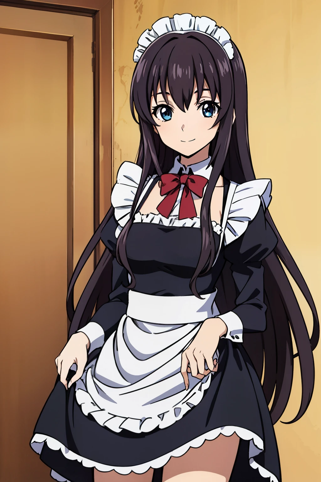 1 girl, cute, black hair, long hair, 髪band, (skirt hold), (bowing), (smile), (Gothic coffee shop), ((maid)), (anime cels style, Masterpiece, best quality, high resolution, anime colored, megami magazine:1.2, anime poster style, anime keyvisual, sharp, 8k, photorealistic), beautiful eyes