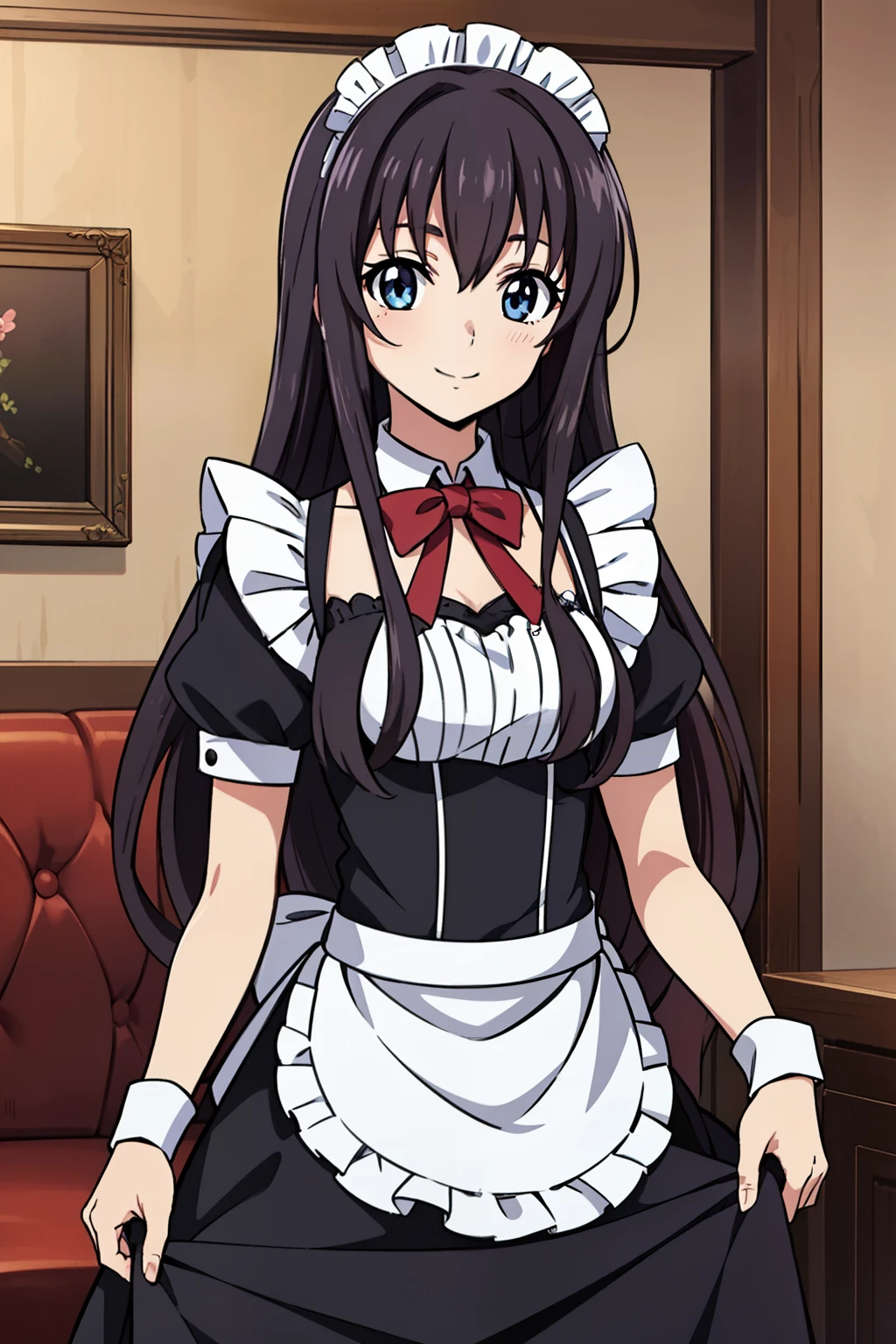 1 girl, cute, black hair, long hair, 髪band, (skirt hold), (bowing), (smile), (Gothic coffee shop), ((maid)), (anime cels style, Masterpiece, best quality, high resolution, anime colored, megami magazine:1.2, anime poster style, anime keyvisual, sharp, 8k, photorealistic), beautiful eyes