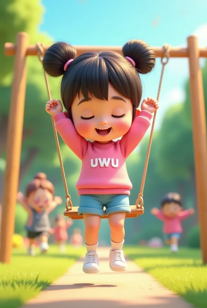 A adorable , wearing a pink sweater with named 'uwu', blue shorts pants, shorts socks and white sneakers, was playing on a brightly colored swing happily. The setting is in a park that is busy with other ren playing. The style is 3D Pixar animation with a soft and friendly pastel color palette