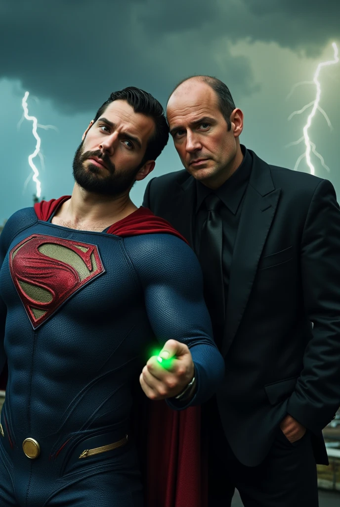 Portrait-style image featuring two men against a electrical storm background. The man on the left is leaning on the shoulder of the other man, he looks like, h3nr4, Henry Cavill, dressed in a Superman costume, characterized by a blue suit with a large red and yellow 'S' emblem on the chest. He has short, dark hair, short dark beard, light skin, almost unconscious. The man on the right is bald, has light skin, and is wearing a black suit with a black shirt and tie. He has a serious expression and is holding up his right fist, which is adorned with a green ring that emits a faint glow. The overall composition suggests a dynamic interaction between the two characters.