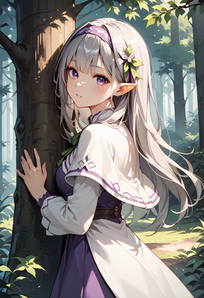  1 girl , forest, behind the tree ,  purple eyes,  headband,  long hair, Grey Hair, pointy ears,  short bang,  white capelet, Purple Dress, Green ribbon,  Long Sleeve ,