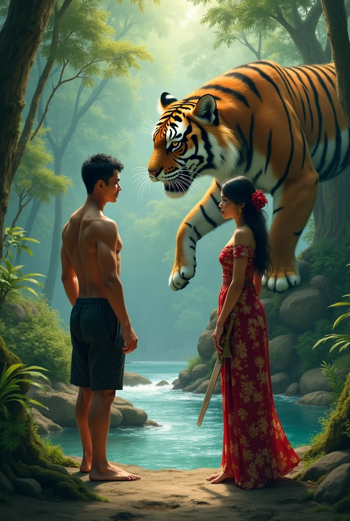 Create a cover with a brunette woman and a blonde man embracing in the midst of chaos, surrounded by turtles and armored tigers