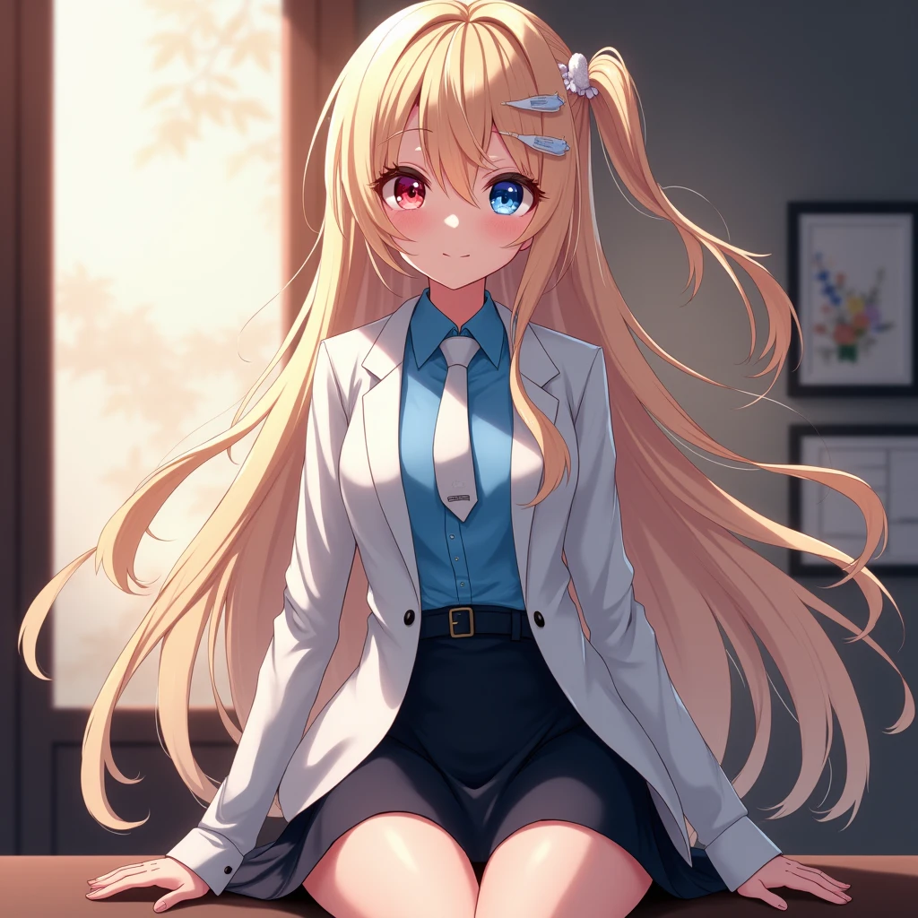 (best quality), [masterpiece], ((beautiful:0.75) cute girl:0.75), [clear and clean], bloom, shy, (school uniform), slender, blonde hair, long hair, hair between eyes, messy hair, knee socks, white panties, white bra, hotel,
