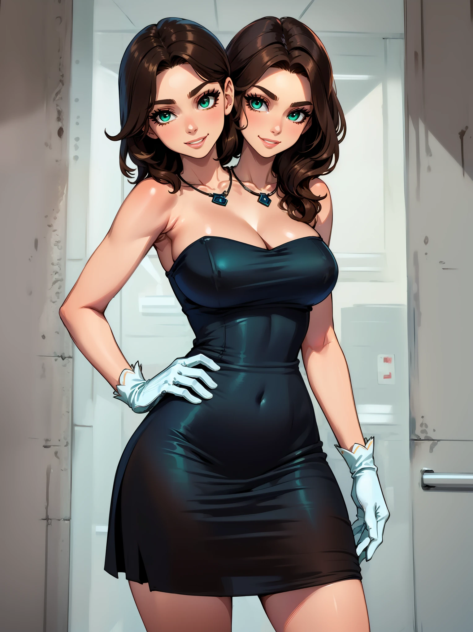 best quality, (masterpiece),(ultra-detailed), (high quality), (high resolution), ((2heads:1.5)), best quality:1.5, highres, UHD, 16K), two headed woman, smiling, highres, masterpiece, ((brown hair:1.5)), ((black dress:1.5)), lustrous and smooth skin, seductive silhouette, ((slim hips)), casual dress, sexy proportions, Beautiful girl with accentuated slender abs, long legs, seductive woman, background, necklace, body con dress, strapless, sleeveless, (bluegreen eyes), long hair, (white gloves)