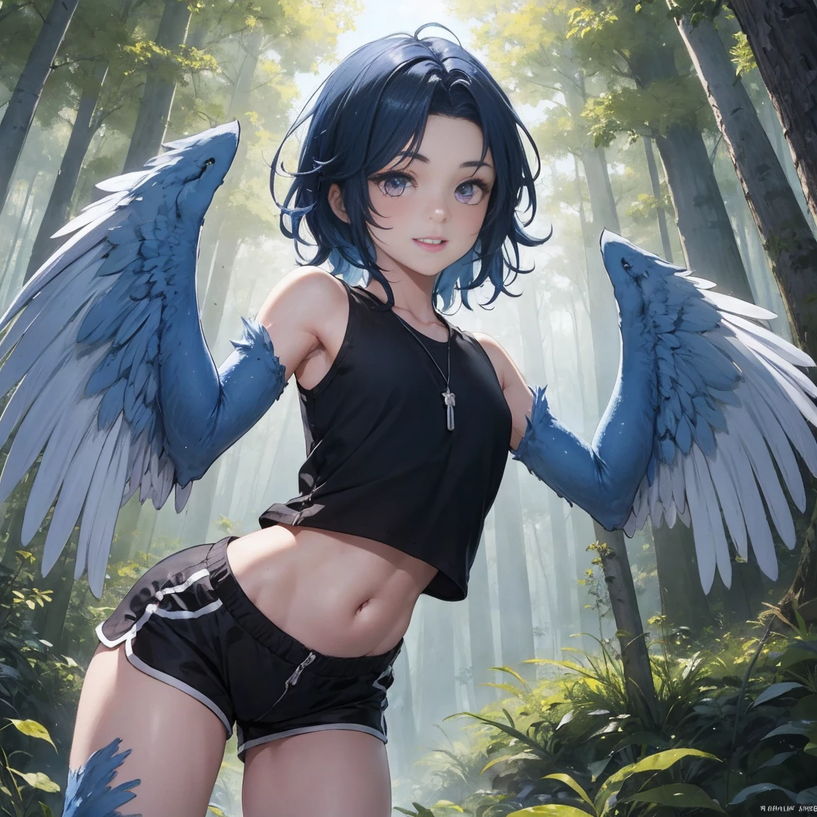 1 female, solo beautiful female, harpy, deep blue wings, beautiful detailed wings, sharp black talons, white skin, tomboyish appearance, slim body,  body height, shoulder length blue hair, bright purple eyes, masterpiece, excellent details, black sports shorts, flying over a forest, happy expression on face, very detailed, silky deep blue hair