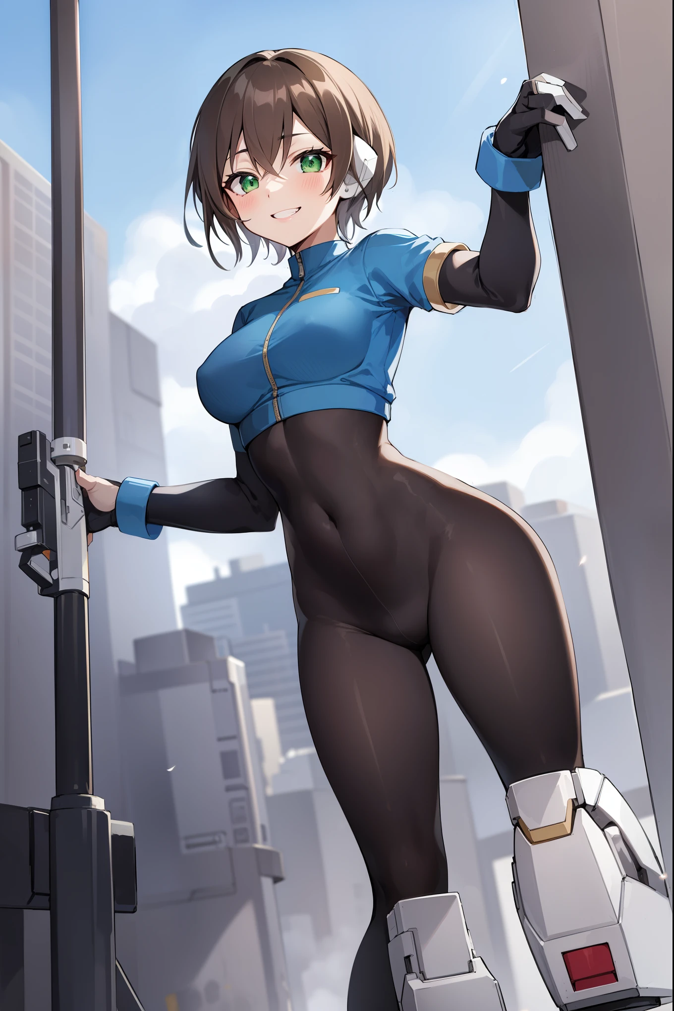 Masterpiece, best quality, Masterpiece, best quality, 1 woman , blue eyes , yellow ponytail , black leather jacket , sly face , smile , bikini , abdomen, big breasts , Long legs , boots , hands on hips , abandoned factory , at night
