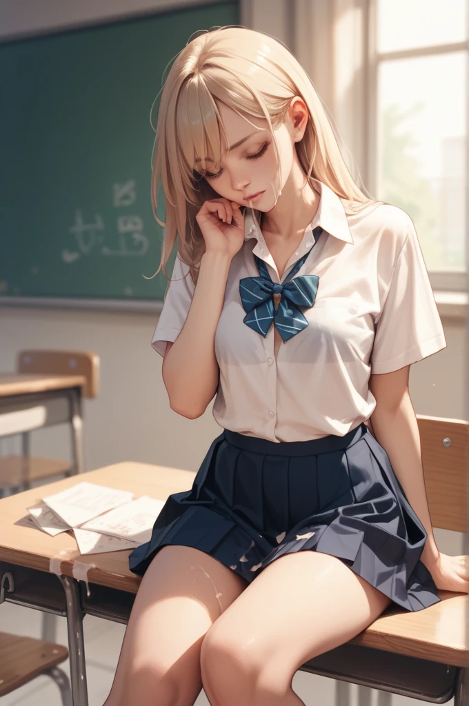 highest quality、one girl,full body figure、15 years old、big boobs、big 、Perfect five-finger、perfect legs、perfect legs、Mahiru Shiina、perfect thing、detailed description、small details、detailed face、mini skirt、plaid skirt、long hair、blonde、White panties、whitepanty、I can see your panties、school uniform、high school uniform、Skirt flip、lift skirt、classroom、M-shaped legs、erotic pose、summer clothes、White shirt、plaid skirt、shirt sleeves、white socks、Indoor shoes
