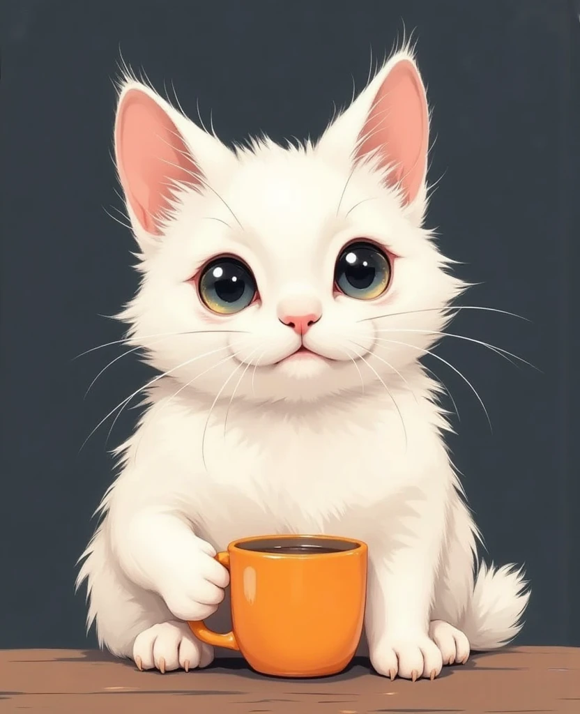 Une illustration fantaisiste et charmante d'un lapin blanc duveteux avec des, Yeux ronds, tenant une tasse orange vif dans ses minuscules pattes. Le chat a des, une fourrure indomptable avec des reflets subtils, et c&#39;est petit, des oreilles triangulaires sont rehaussées d'une douce teinte rouge. L'arrière-plan est minimaliste et sombre, en soulignant le regard expressif et légèrement surpris du chat. L'éclairage est doux, creating a subtle  around the cat's silhouette, ajoutant de la profondeur et de la chaleur à la scène. La composition générale est simple mais captivante, alliant un ton humoristique et attachant avec une netteté, détails stylisés.inverser la couleur, line, inverser le contour,,Briller,