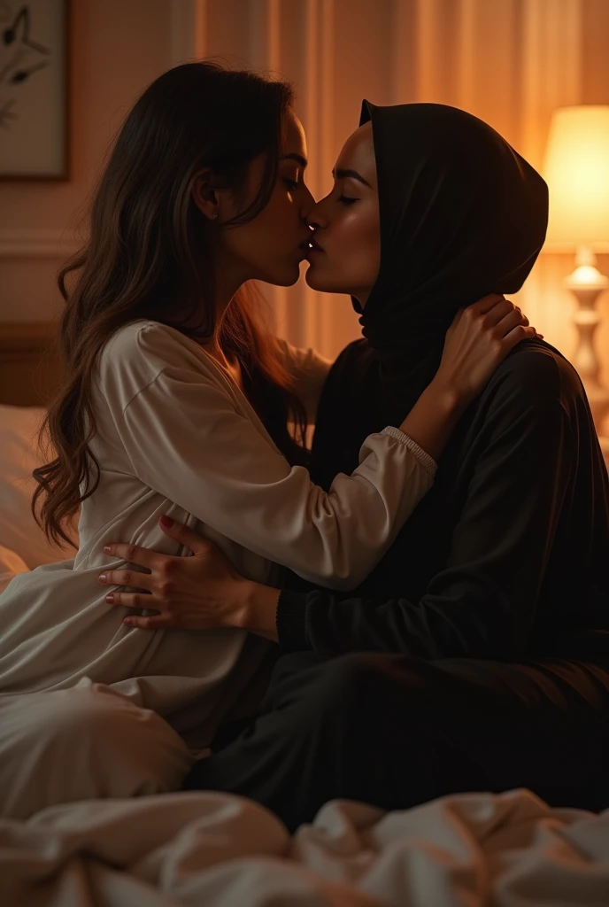 portrait of two lesbian hijab women embracing,woman holding another woman,posing in bed,8k,with raining effect room atmosphere,,dark lighting,,kissing in bed,romanticly,,intimate,,cuddling,,bra only